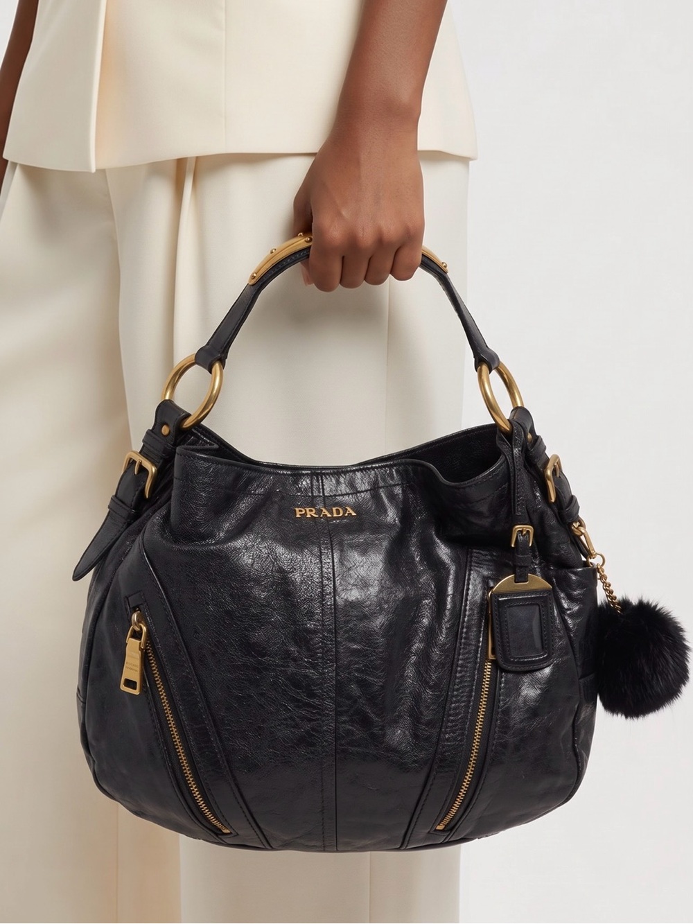 Prada Black Leather Hobo with Gold Hardware
